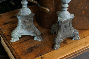 Vintage French Altar Candlesticks ~ Grey/Verde Patina