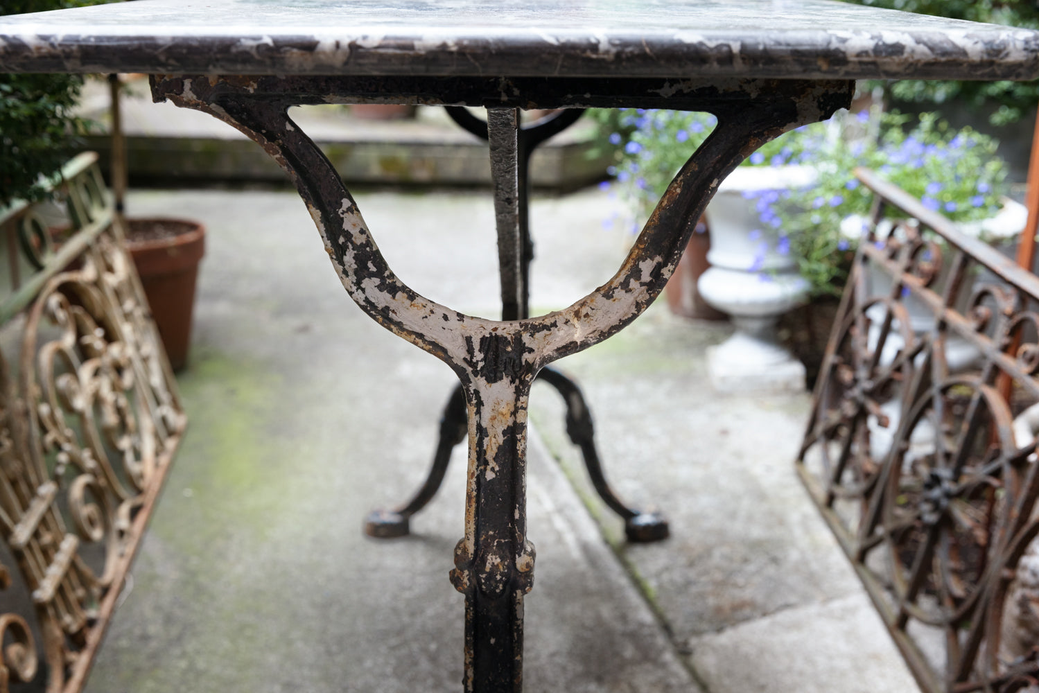 French Cast Iron Bistro Table ~ Charcoal Grey & White Marble