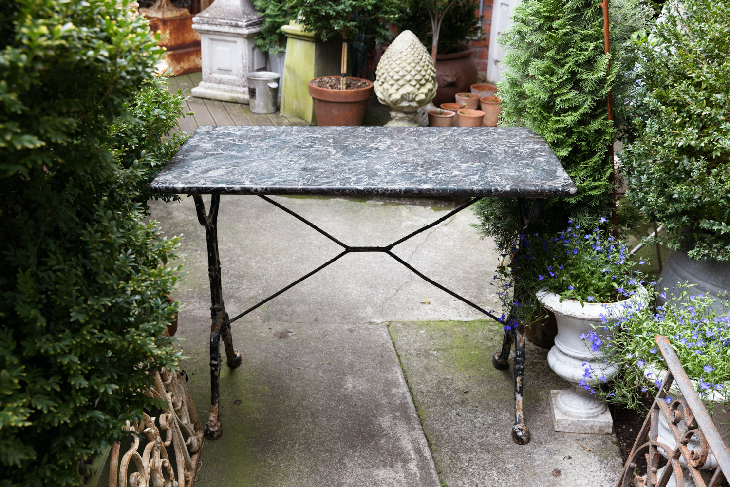 French Cast Iron Bistro Table ~ Charcoal Grey & White Marble