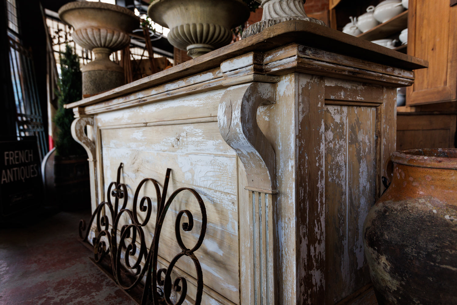 French Distressed White Pine Shop Counter/Kitchen Island