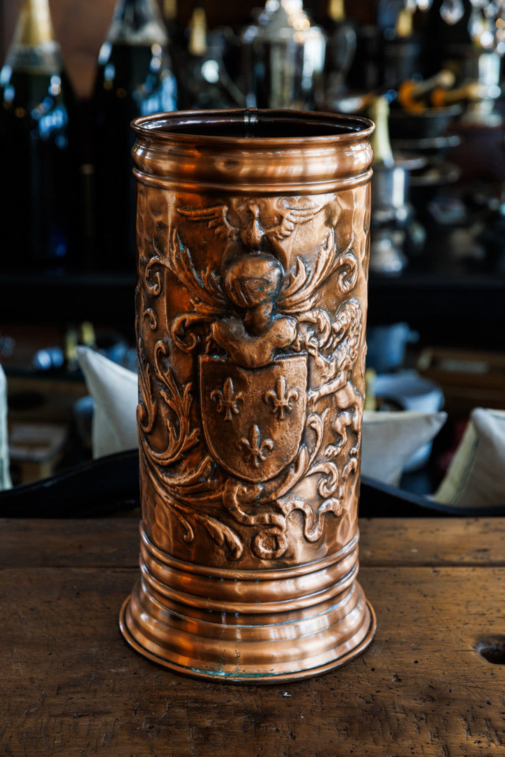 Antique French Copper Umbrella Stand ~ Fleur De Lis Coat Of Arms