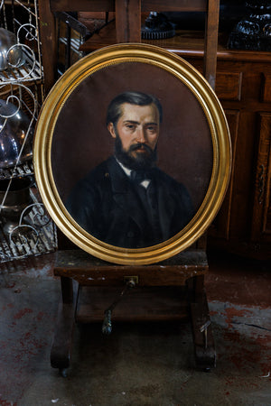 19th Century French Oil Portrait Canvas - Gentleman Oval Gold Frame