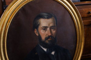 19th Century French Oil Portrait Canvas - Gentleman Oval Gold Frame