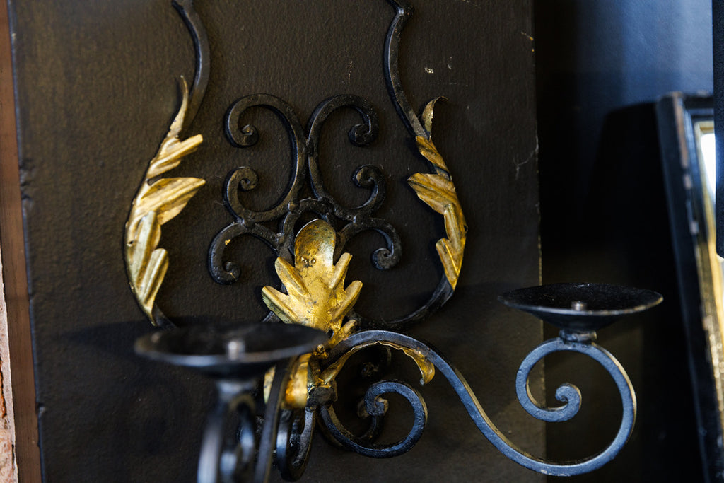 Vintage French Black Wrought Iron Candle Wall Sconces