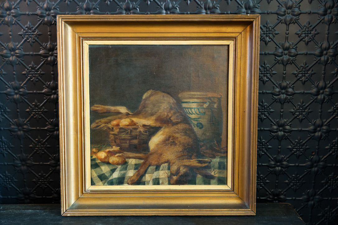 Gorgeous Vintage French Oil Still Life - Farmhouse Kitchen Rabbit ...