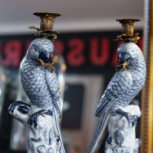 Beautiful Blue & White Porcelain Parrot Candlesticks