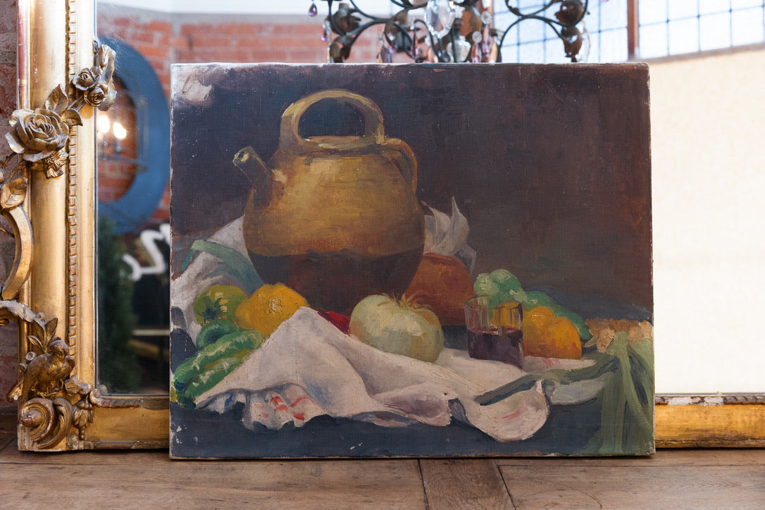 Vintage French Oil Canvas ~ Gargoulette Kitchen Still Life