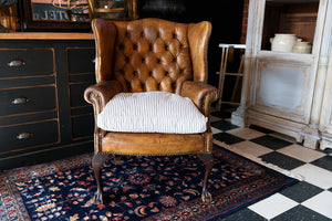 Vintage Leather Wingback Chair ~ Ticking Feather Cushion