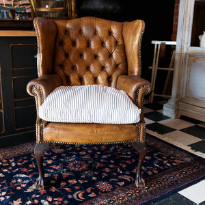 Vintage Leather Wingback Chair ~ Ticking Feather Cushion