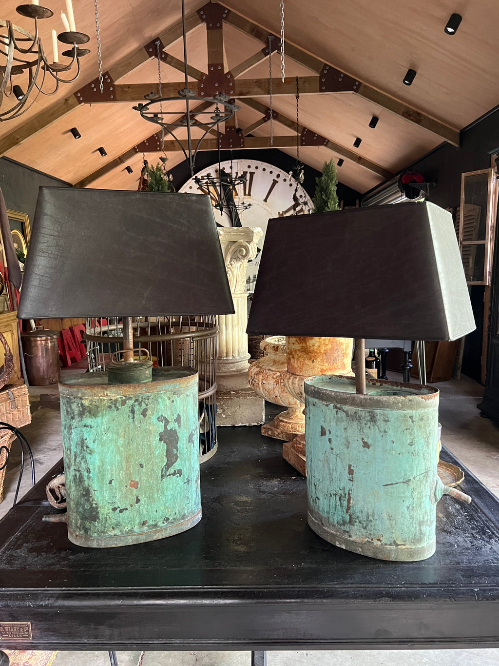 Vintage Industrial French Copper Spray Can Lamps