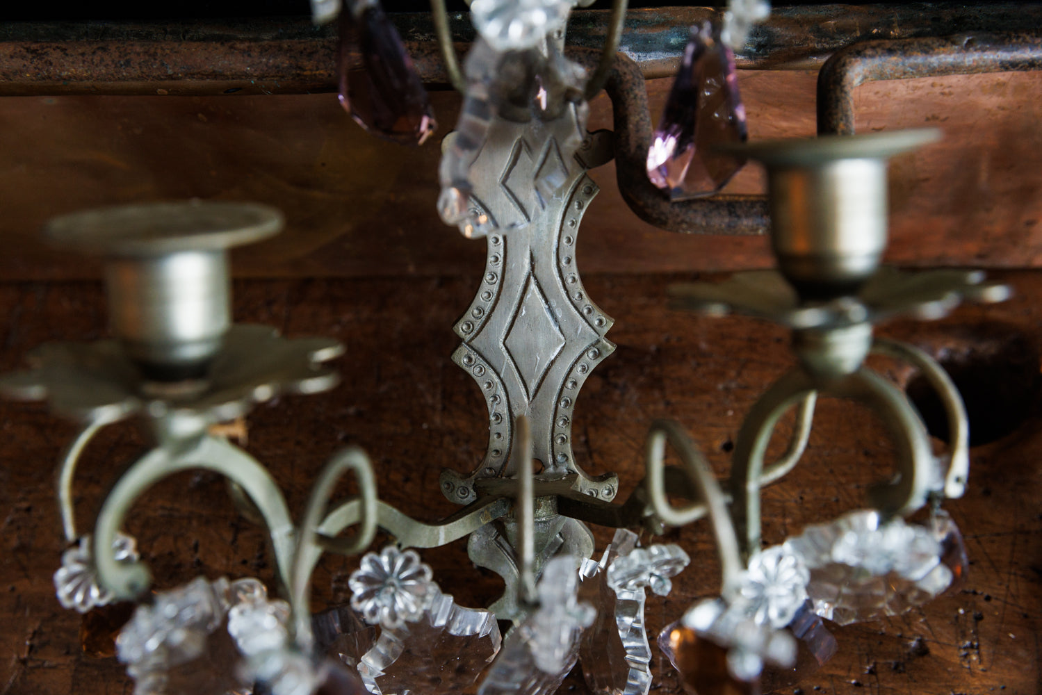French Crystal & Amethyst Pewter Candle Sconces