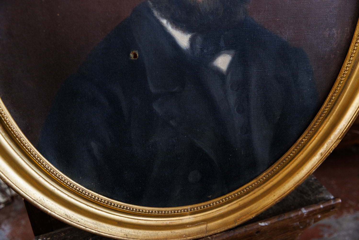 19th Century French Oil Portrait Canvas - Gentleman Oval Gold Frame