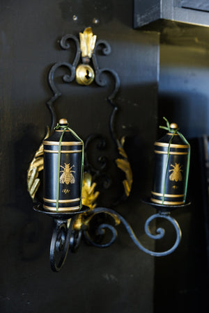 Vintage French Black Wrought Iron Candle Wall Sconces