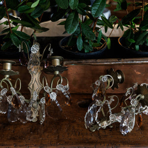 French Crystal & Amethyst Pewter Candle Sconces