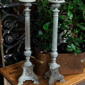 Vintage French Altar Candlesticks ~ Grey/Verde Patina