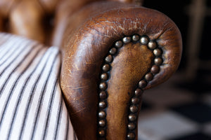 Vintage Leather Wingback Chair ~ Ticking Feather Cushion