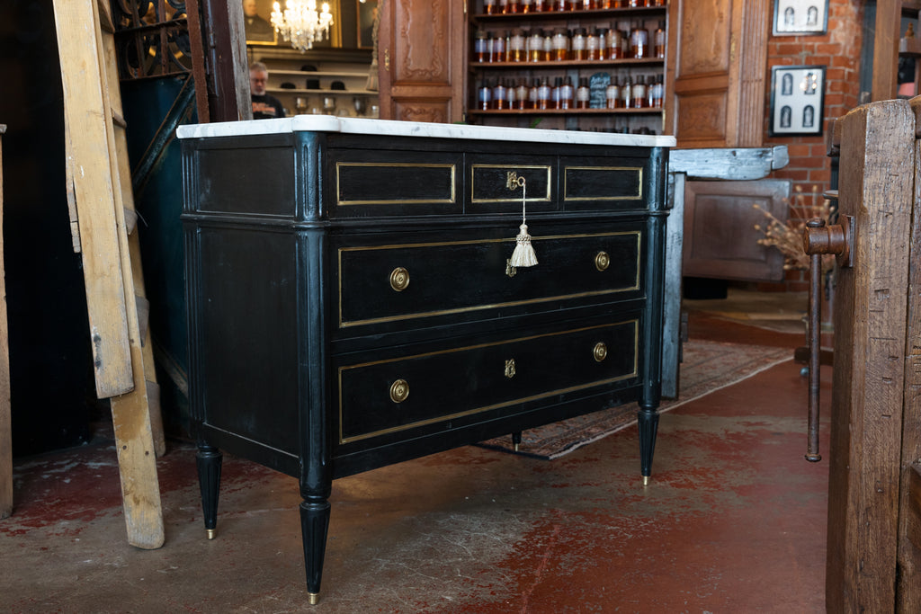 French Louis XVI Style 1950's Ebonished Chest Of Drawers