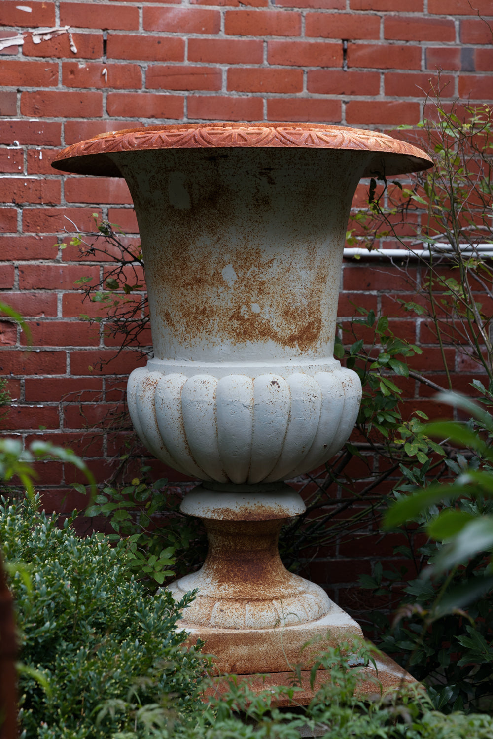XL Vintage French Chateau Cast Iron Urns with Pedestals