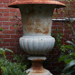 XL Vintage French Chateau Cast Iron Urns with Pedestals