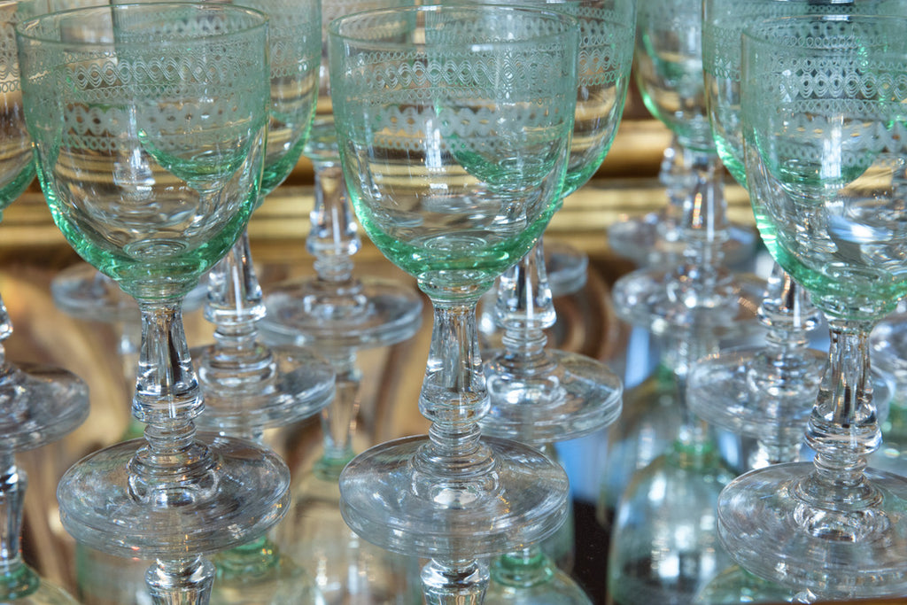 French Green Etched Aperitif Glasses