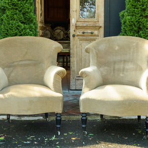 Pair Original French Napoleon III Armchairs - Light Olive Velvet