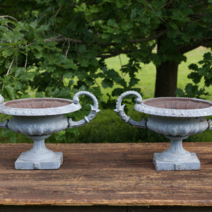 French Cast Iron Urns - Blue/Grey Patina