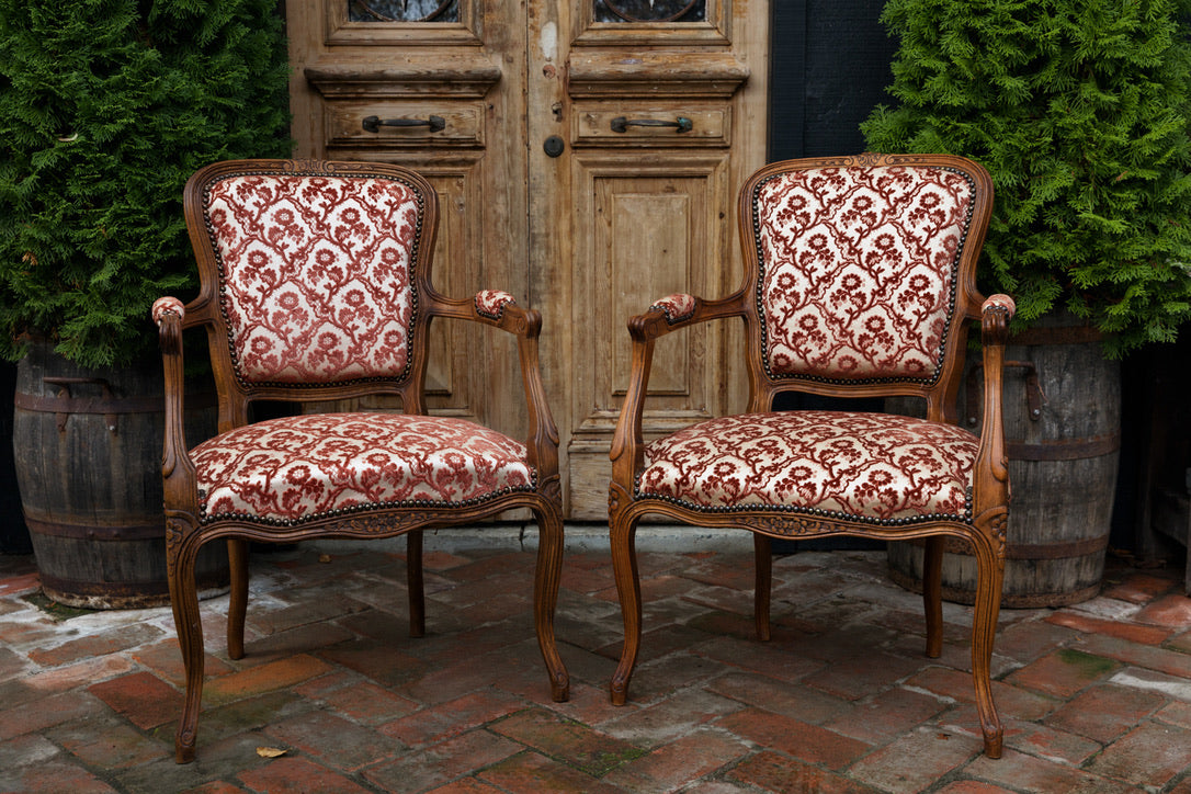 Original French Oak Armchairs - Burnt Rust & White Fabric