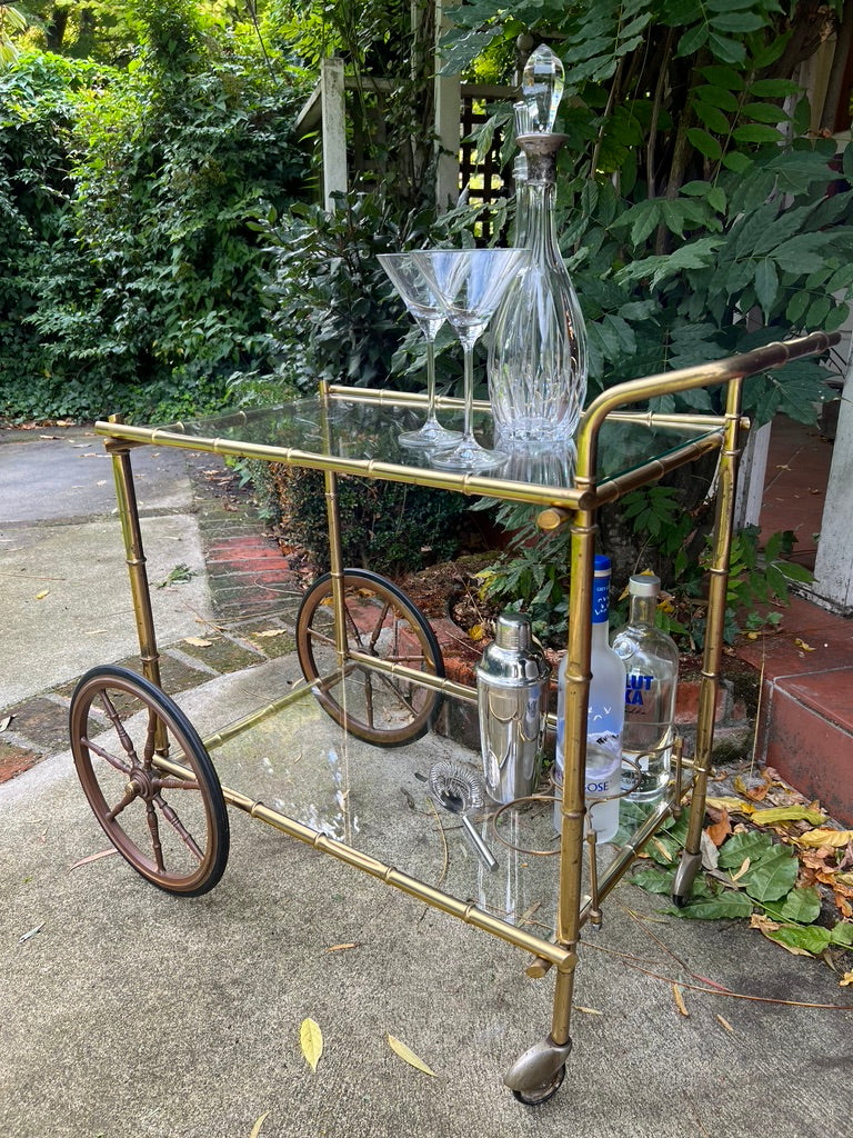 French Mid Century Brass Bamboo Drinks Trolley