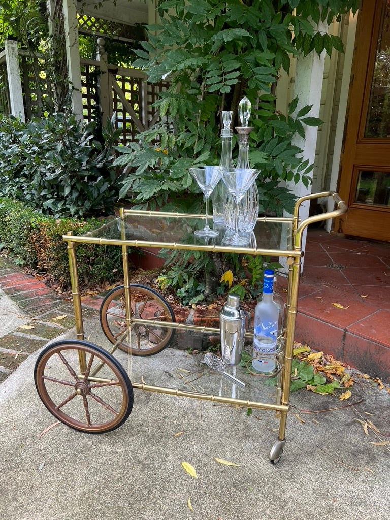French Mid Century Brass Bamboo Drinks Trolley