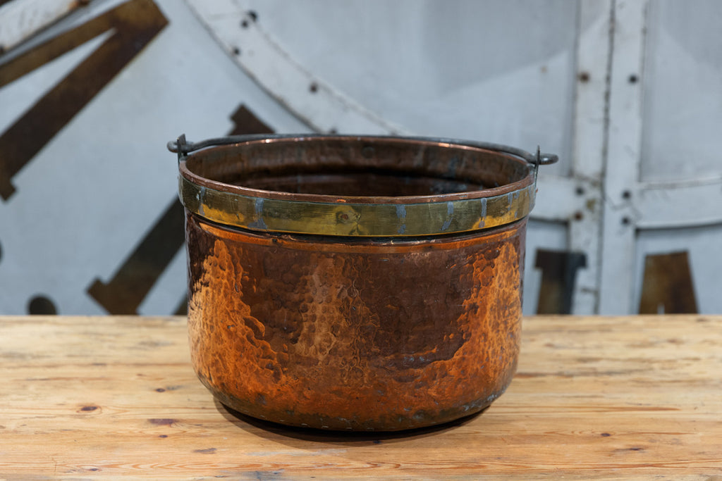 19th Century French Industrial Copper Cauldron with Brass Collar