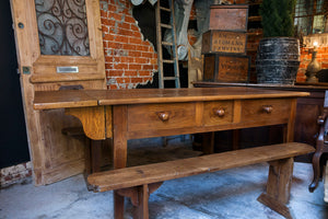 French Wooden Farmhouse Table & Bench Seats