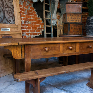 French Wooden Farmhouse Table & Bench Seats