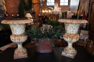 19th Century Large French Cast Iron Urns - Rusty White Patina