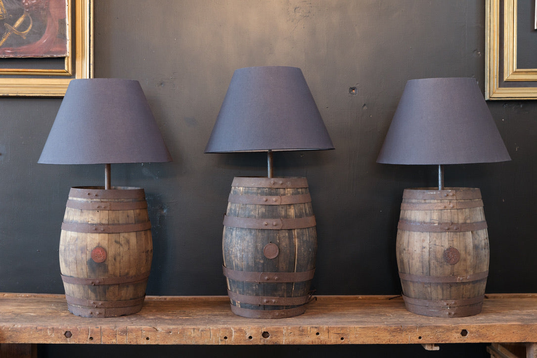 Antique Industrial French Oak Port Barrel Lamps
