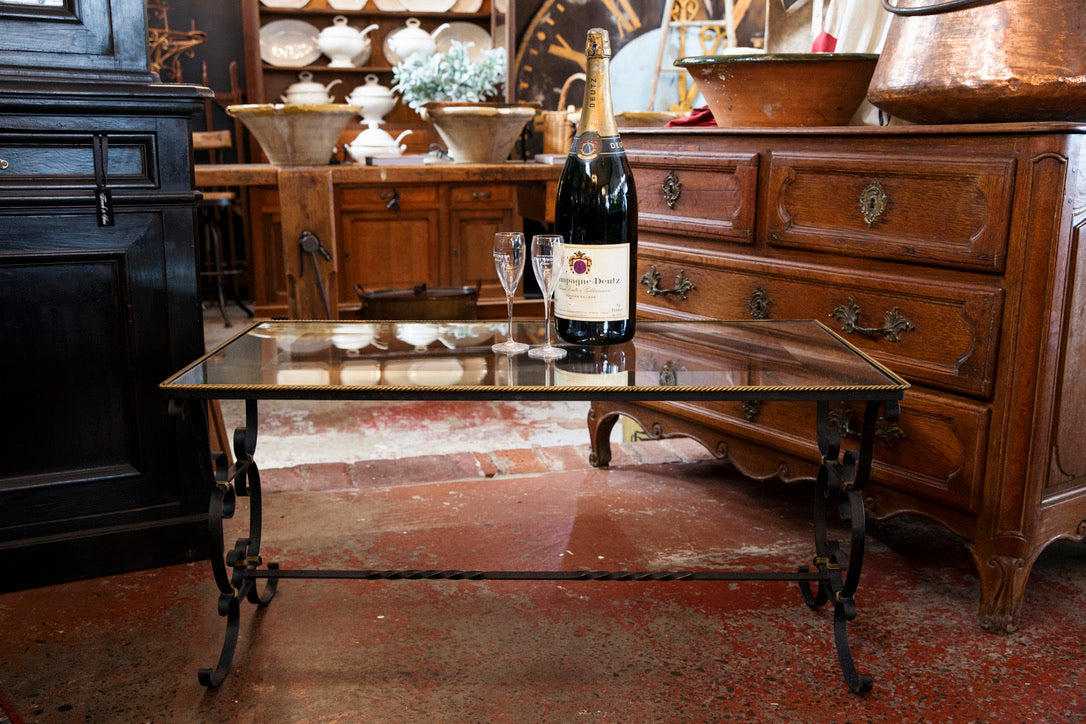 French Wrought Iron & Mirrored Glass Coffee Table