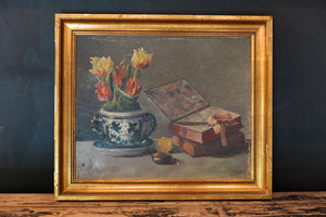 French Still Life Oil Canvas - Blue & White Vase with Books
