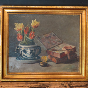 French Still Life Oil Canvas - Blue & White Vase with Books