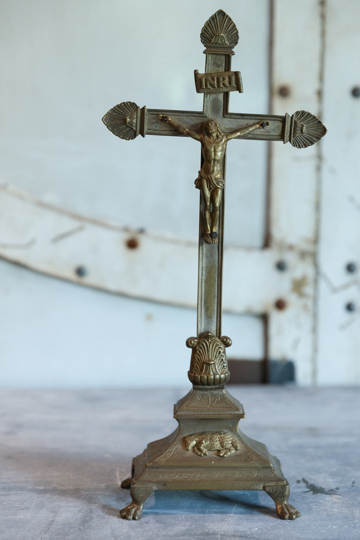 Antique French Brass Crucifix & Silver Plated Cloche