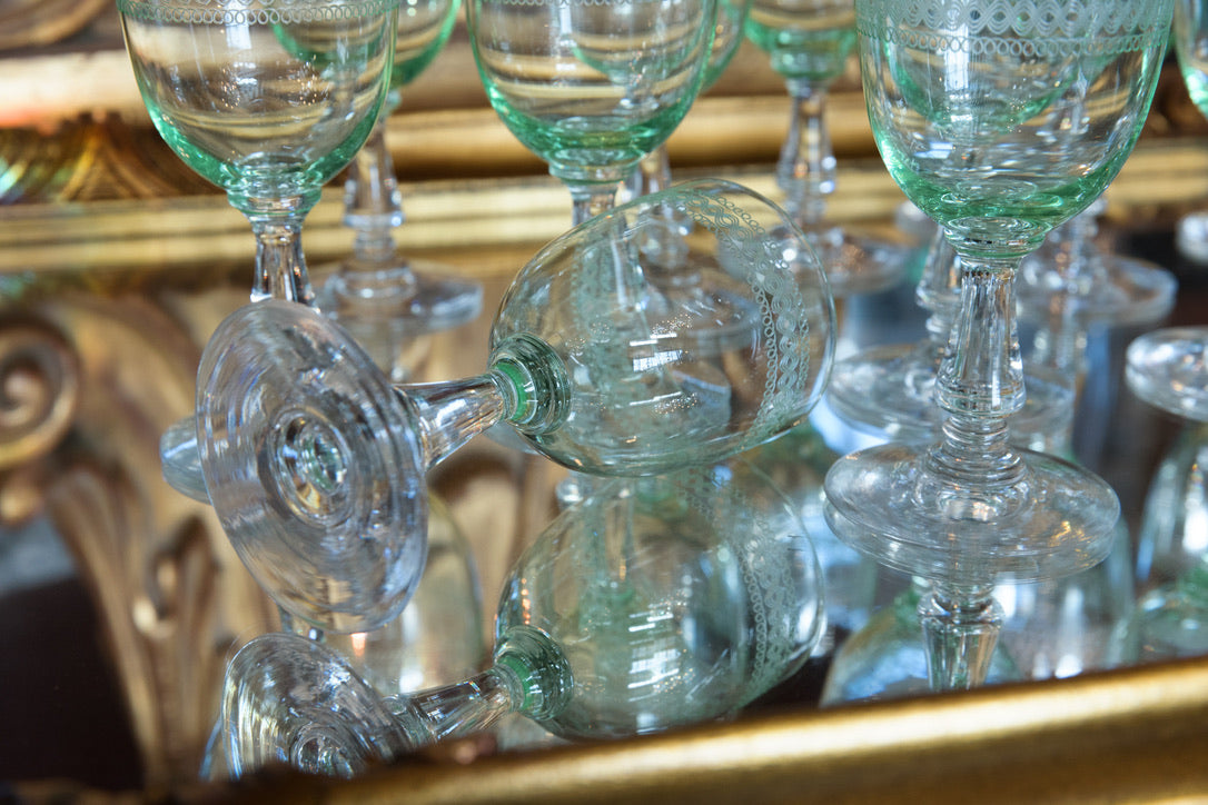 French Green Etched Aperitif Glasses