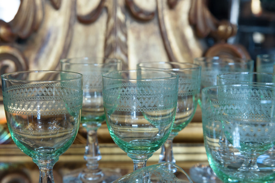 French Green Etched Aperitif Glasses