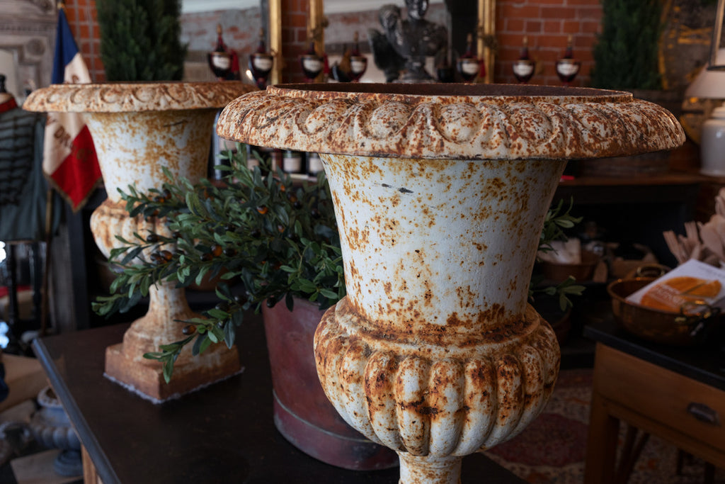 19th Century Large French Cast Iron Urns - Rusty White Patina