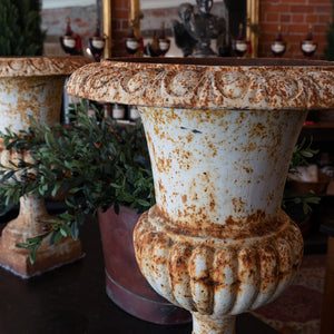 19th Century Large French Cast Iron Urns - Rusty White Patina