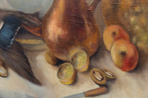 Antique French Oil Canvas - Kitchen Scene Duck