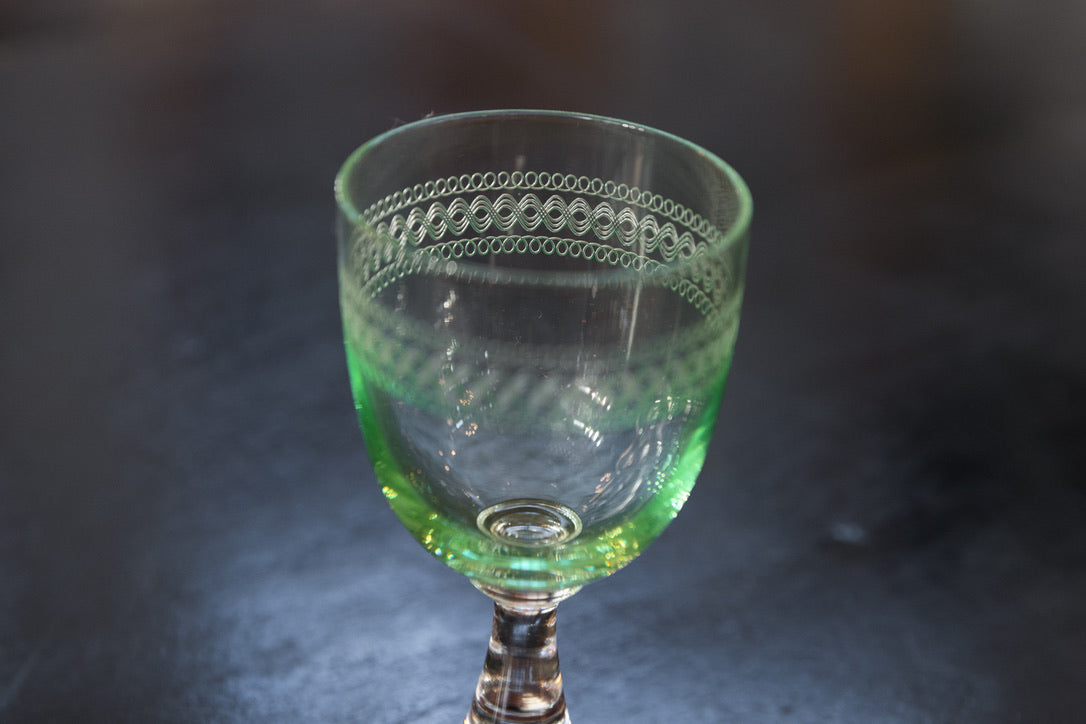 French Green Etched Aperitif Glasses