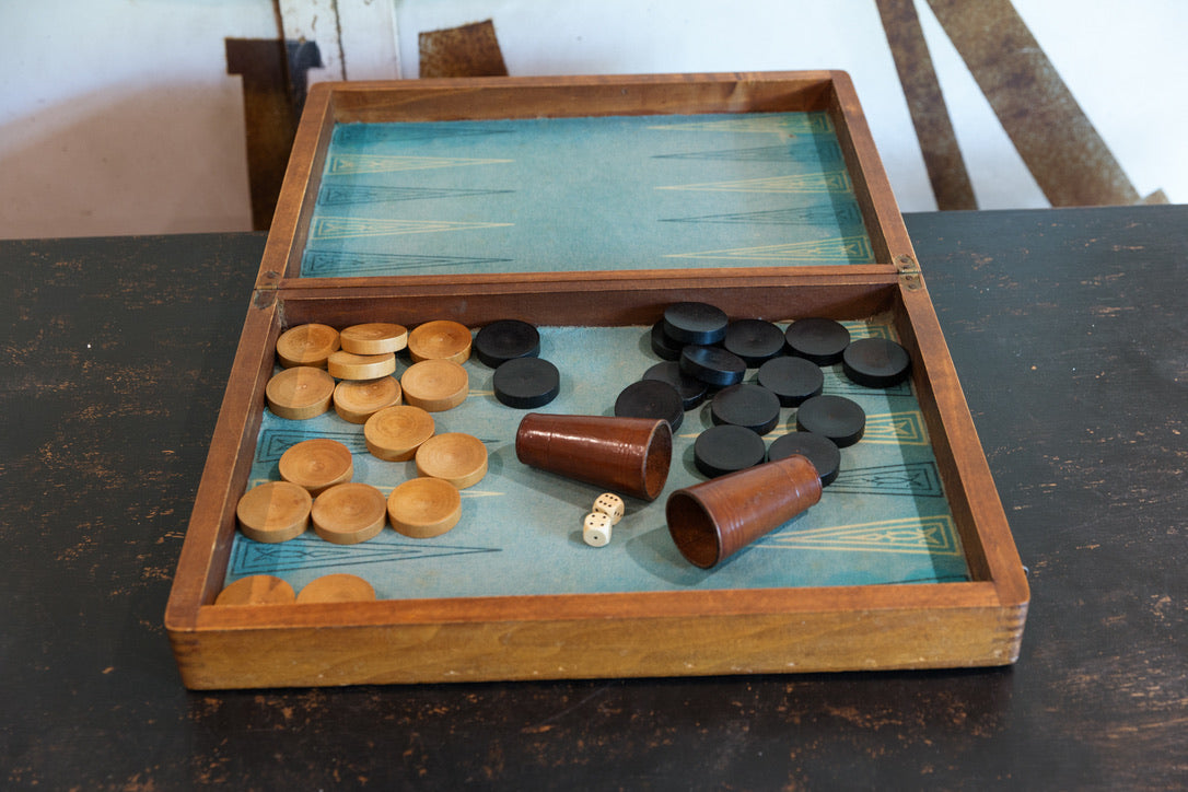 1930's French Wooden Game Set - Backgammon & Checkers