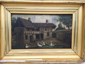 French Oil On Wood - Farmhouse Geese
