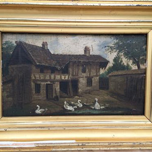 French Oil On Wood - Farmhouse Geese