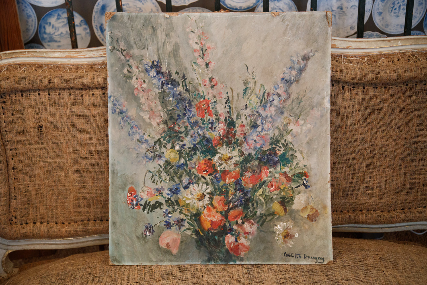 Beautiful Vintage French Oil Canvas On Card