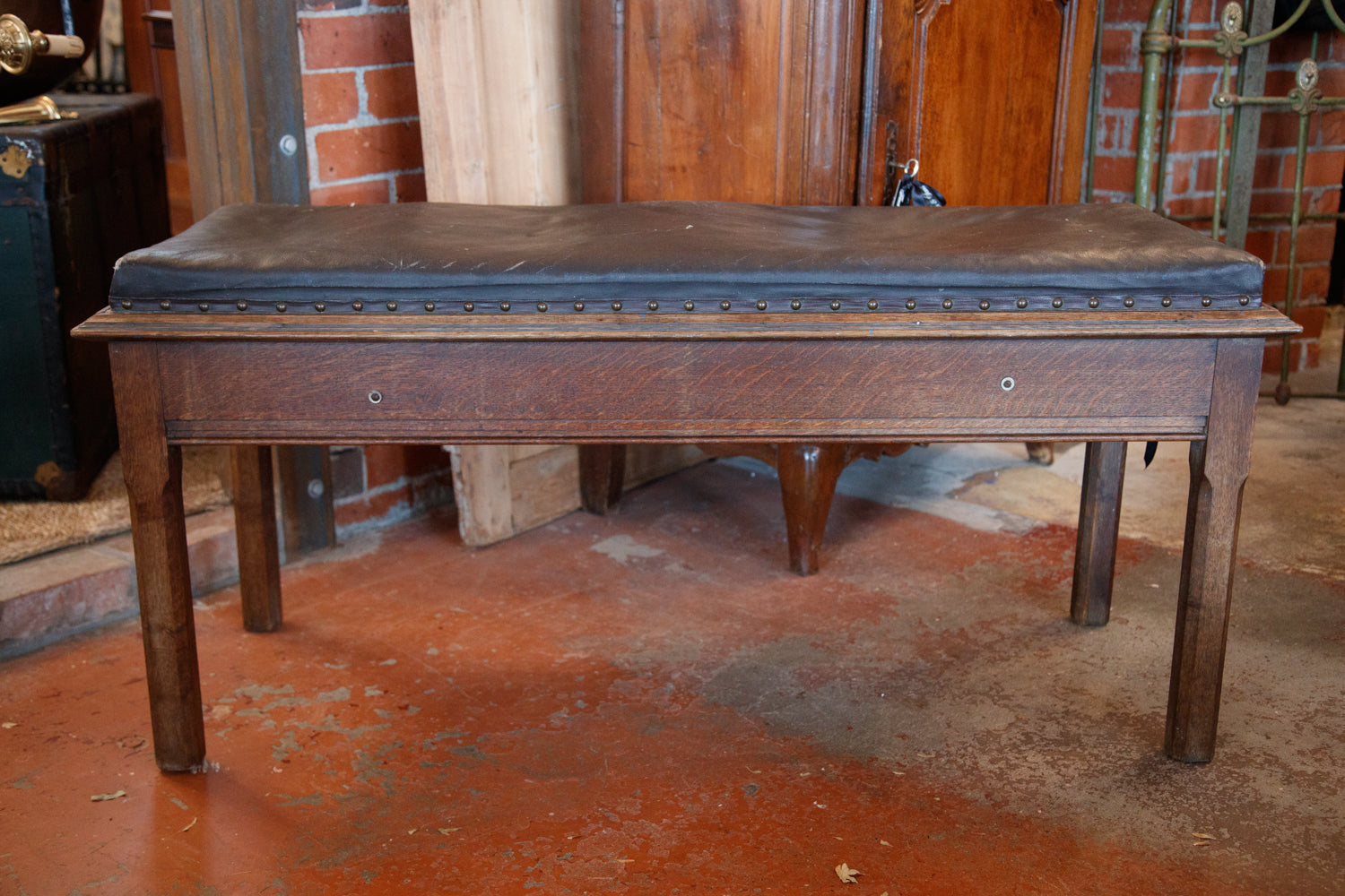 Vintage French Leather & Oak Bench Seat