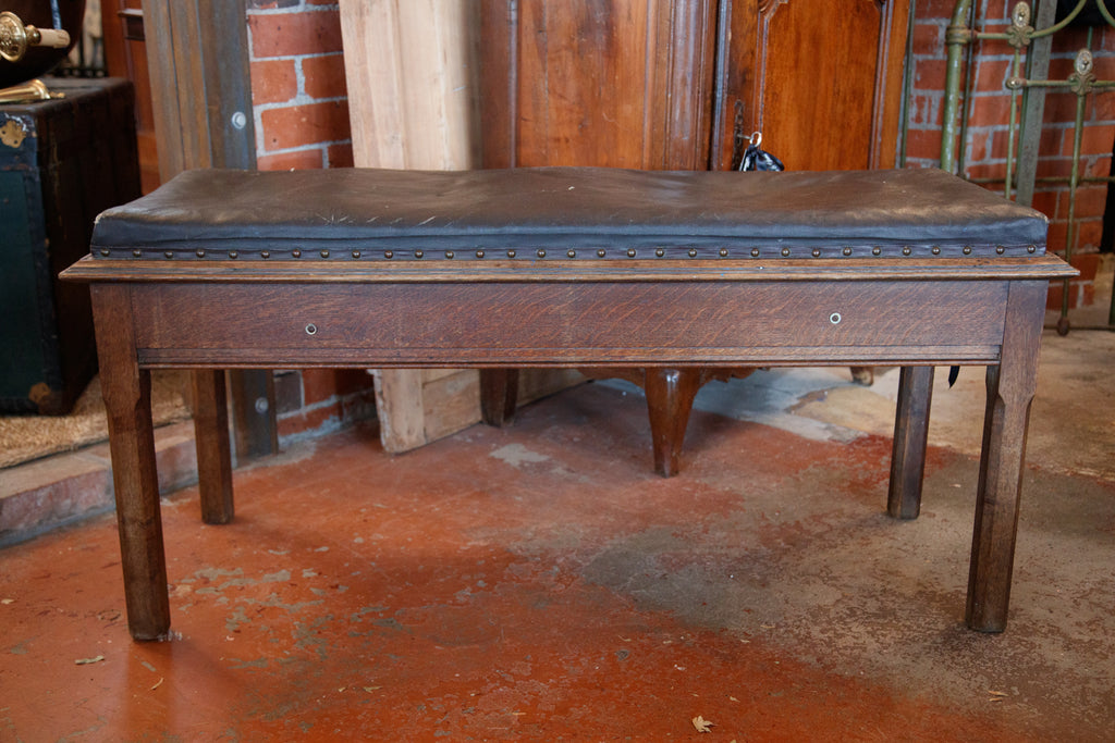 Vintage French Leather & Oak Bench Seat